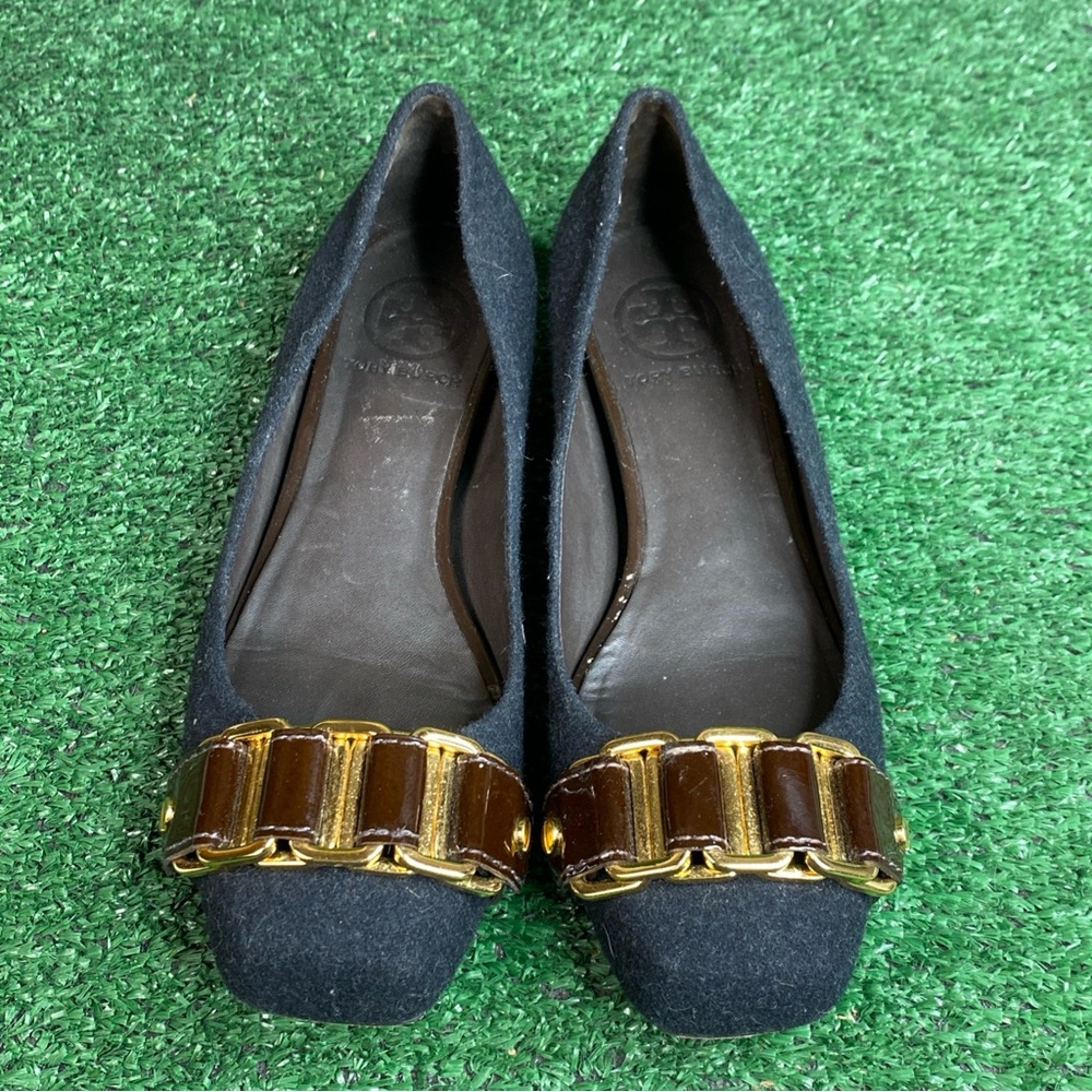 Tory Burch Black‎ Flannel “Martha” Flats Chain Link Womens Size 6 M